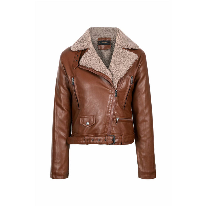 Damen stylische Lammfell-Bikerjacke mit doppeltem Reißverschluss und taillierbarem Gürtel Drune