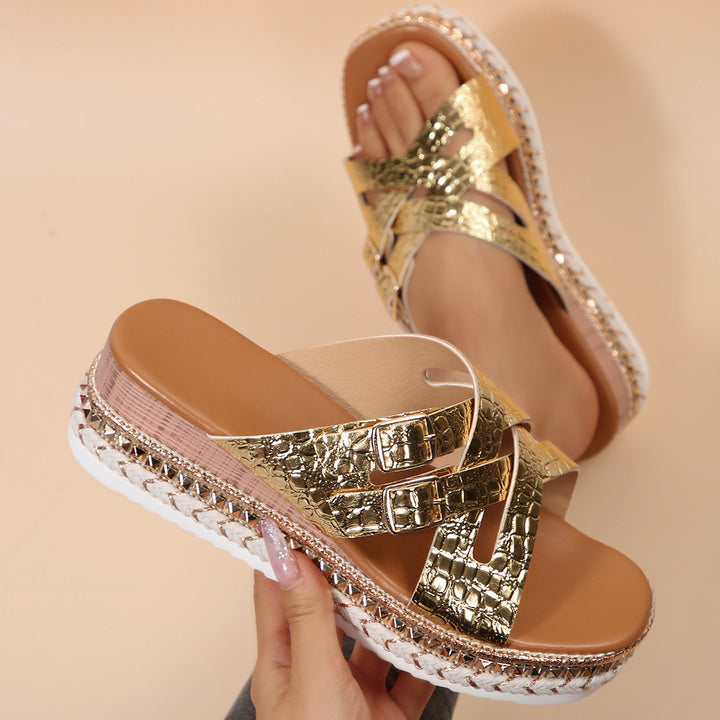 Damen Wedge-Pantoletten mit elegantem Kroko-Design und verstellbaren Riemen Drune