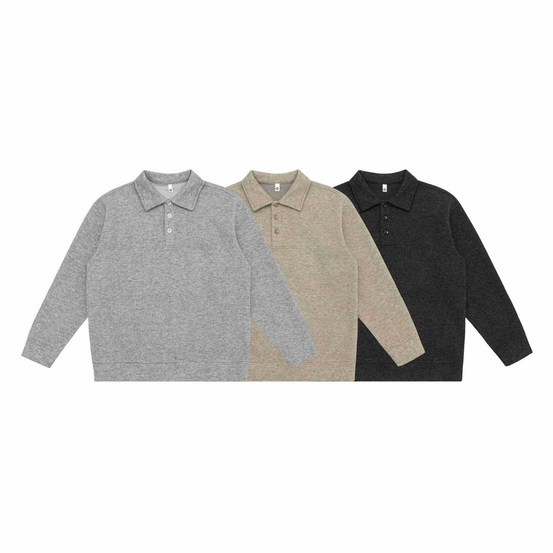Unisex Feinstruktur-Polokragenpullover mit halber Knopfleiste und geripptem Saum Drune