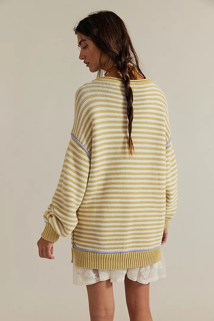 Damen Oversize Ringelstrickpullover mit weitem Schnitt, Bündchen & kontrastierenden Paspeln Drune