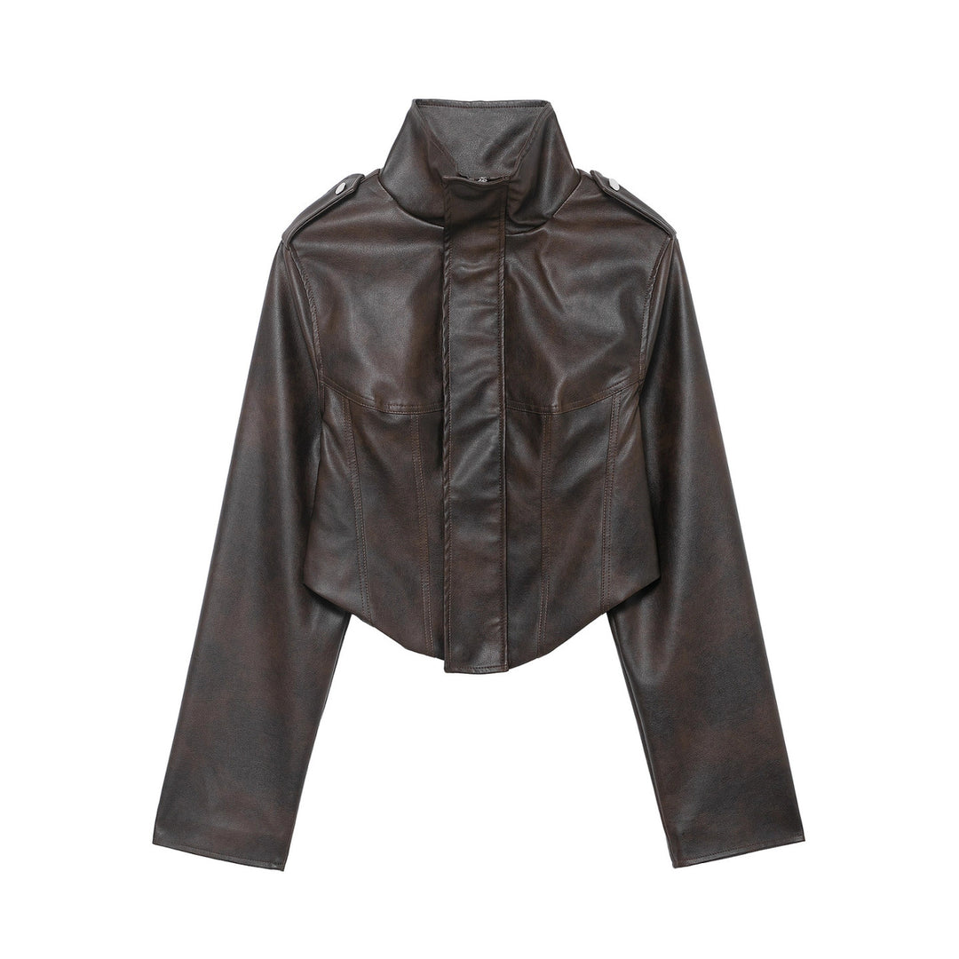 Damen Kurzjacke aus Lederimitat mit hohem Stehkragen, Schulterklappen und taillierter Silhouette Drune