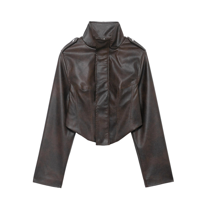 Damen Kurzjacke aus Lederimitat mit hohem Stehkragen, Schulterklappen und taillierter Silhouette Drune