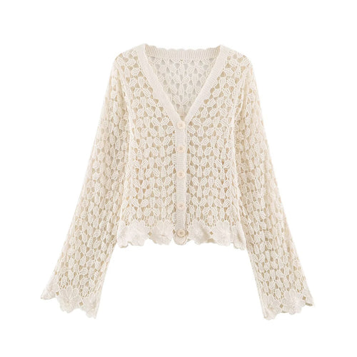 Damen Häkelcardigan mit Spitzeneffekt, V‑Ausschnitt und gewelltem Saum Drune