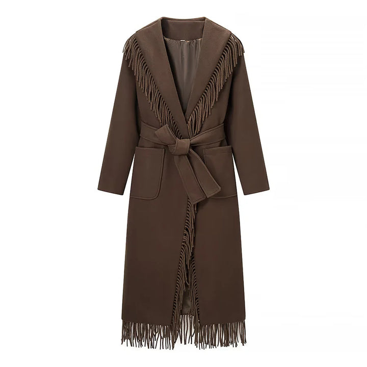 Damen nan langer Fransenmantel mit voluminösem Schalkragen, Taillengürtel und aufgesetzten Taschen Drune