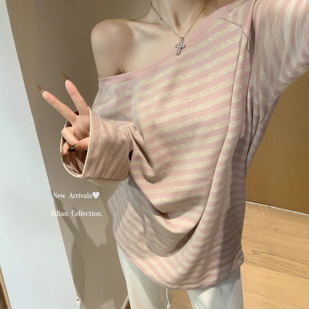 Damen lässiges Oversized-Off-Shoulder Langarmshirt mit Streifenmuster Drune