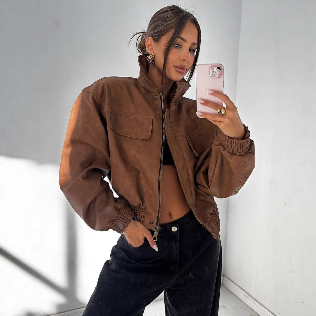 Damen Kurz geschnittene Kunstlederjacke mit aufgesetzten Brusttaschen Drune