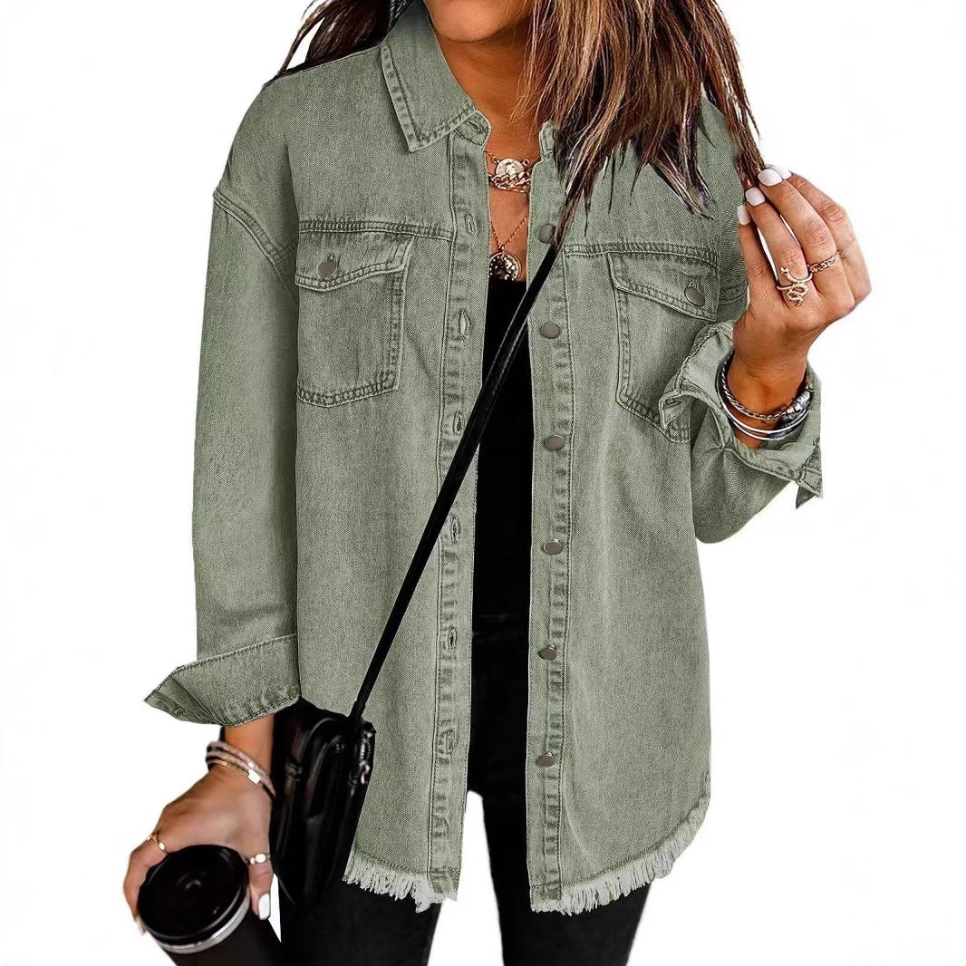 Damen Oversized Jeanshemd mit Fransen Drune