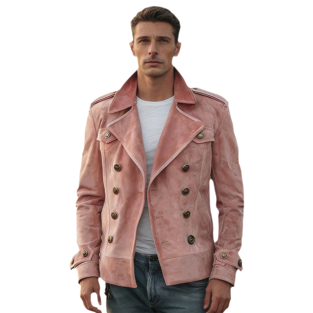 Herren Doppelreihige Lederjacke im Vintage-Look mit Schalkragen und Schulterklappen Drune