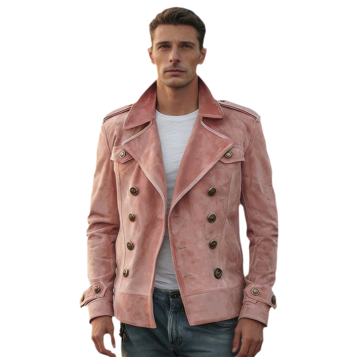 Herren Doppelreihige Lederjacke im Vintage-Look mit Schalkragen und Schulterklappen Drune