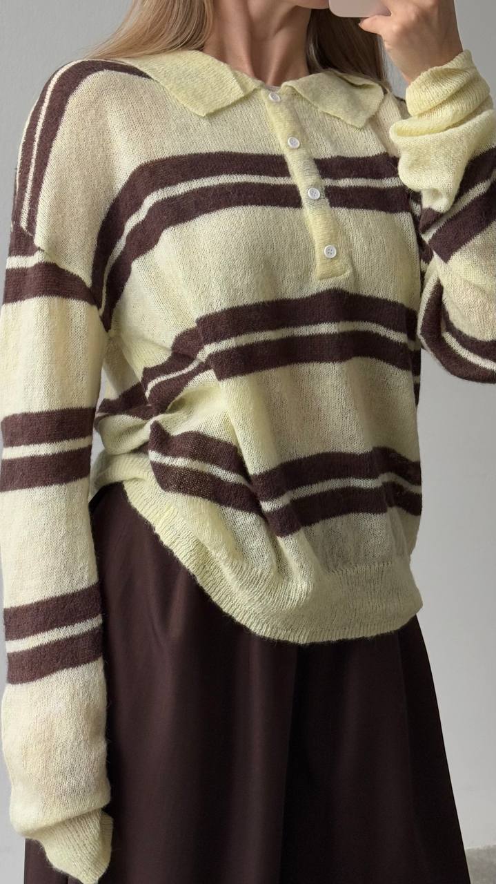 Damen Grob gestrickter Pullover mit Polo-Kragen und Blockstreifen Drune