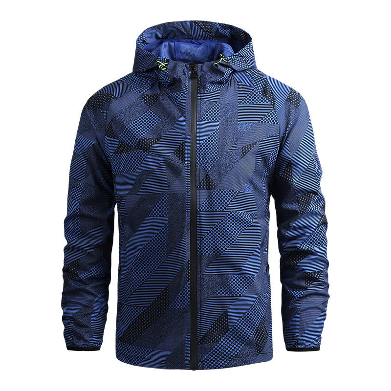 Herren atmungsaktive Softshell-Kapuzenjacke mit geometrischem Allover-Print und sportlicher Passform Drune