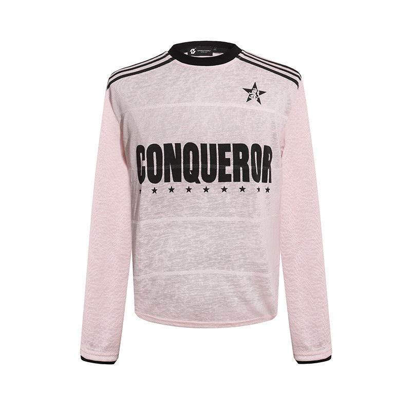Damen Langarmshirt mit Statement-Print, Sportstreifen und strukturierter Slub-Optik Drune