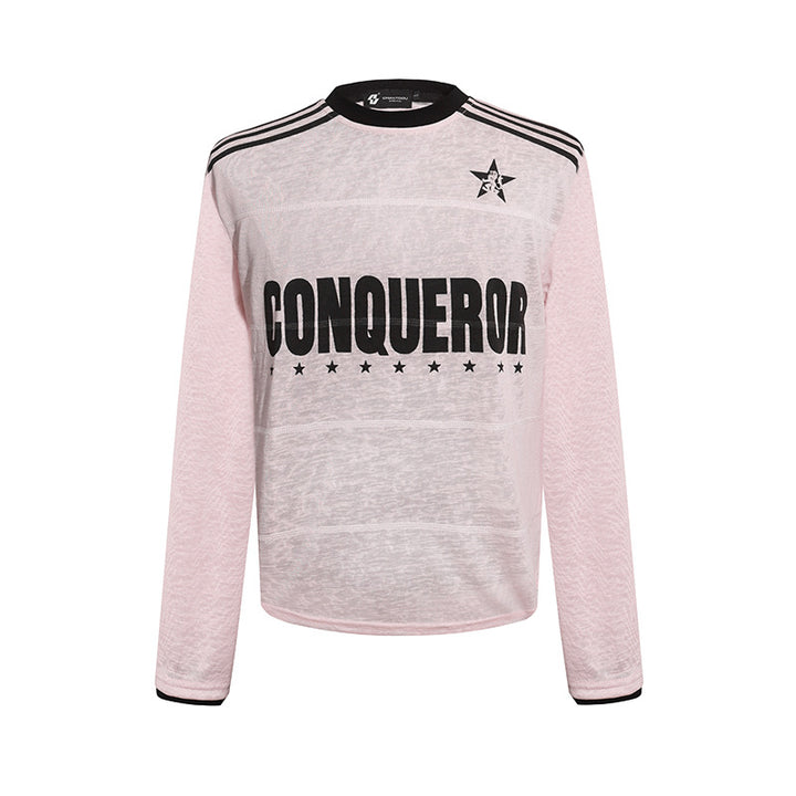 Damen Langarmshirt mit Statement-Print, Sportstreifen und strukturierter Slub-Optik Drune