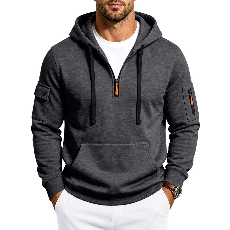 Herren Utility-Halbzip-Kapuzenpullover mit Ärmel-Taschen und Kängurutasche Drune