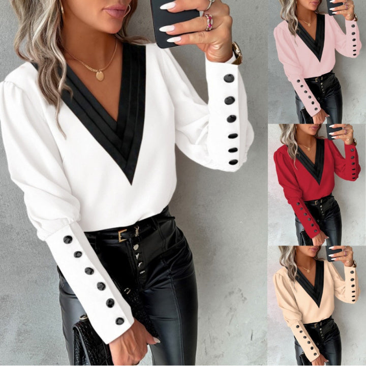 Damen Bluse mit V-Ausschnitt und eleganten Puffärmeln Drune