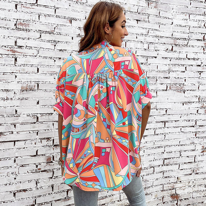 Damen farbenfrohe Bluse mit geometrischem Muster und modischer Knopfleiste Drune