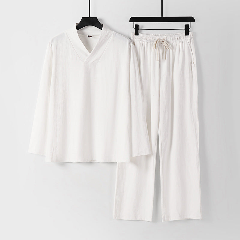 Unisex Zen-inspiriertes Leichtes Loungewear-Set mit V-Ausschnitt-Shirt und Elastischer Kordelbund-Hose Drune