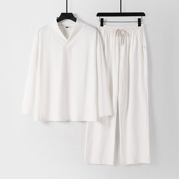 Unisex Zen-inspiriertes Leichtes Loungewear-Set mit V-Ausschnitt-Shirt und Elastischer Kordelbund-Hose Drune