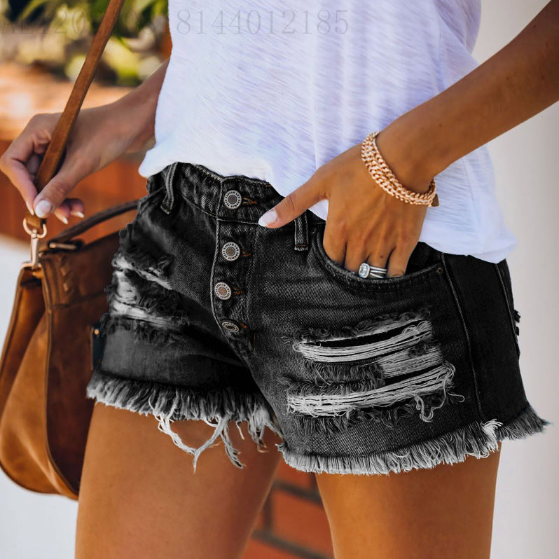 Damen lässige Destroyed Denim-Shorts mit Knopfdetails und fransigem Saum Drune
