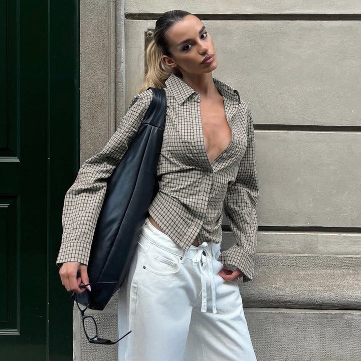 Damen nan taillierte Karobluse mit verdeckter Knopfleiste und geformter Miedernaht Drune