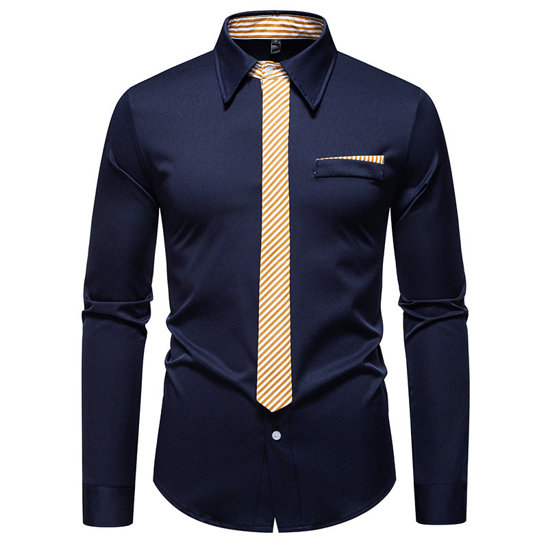 Herren Slim-Fit Businesshemd mit integrierter Krawatten-Optik und Brusttasche Drune