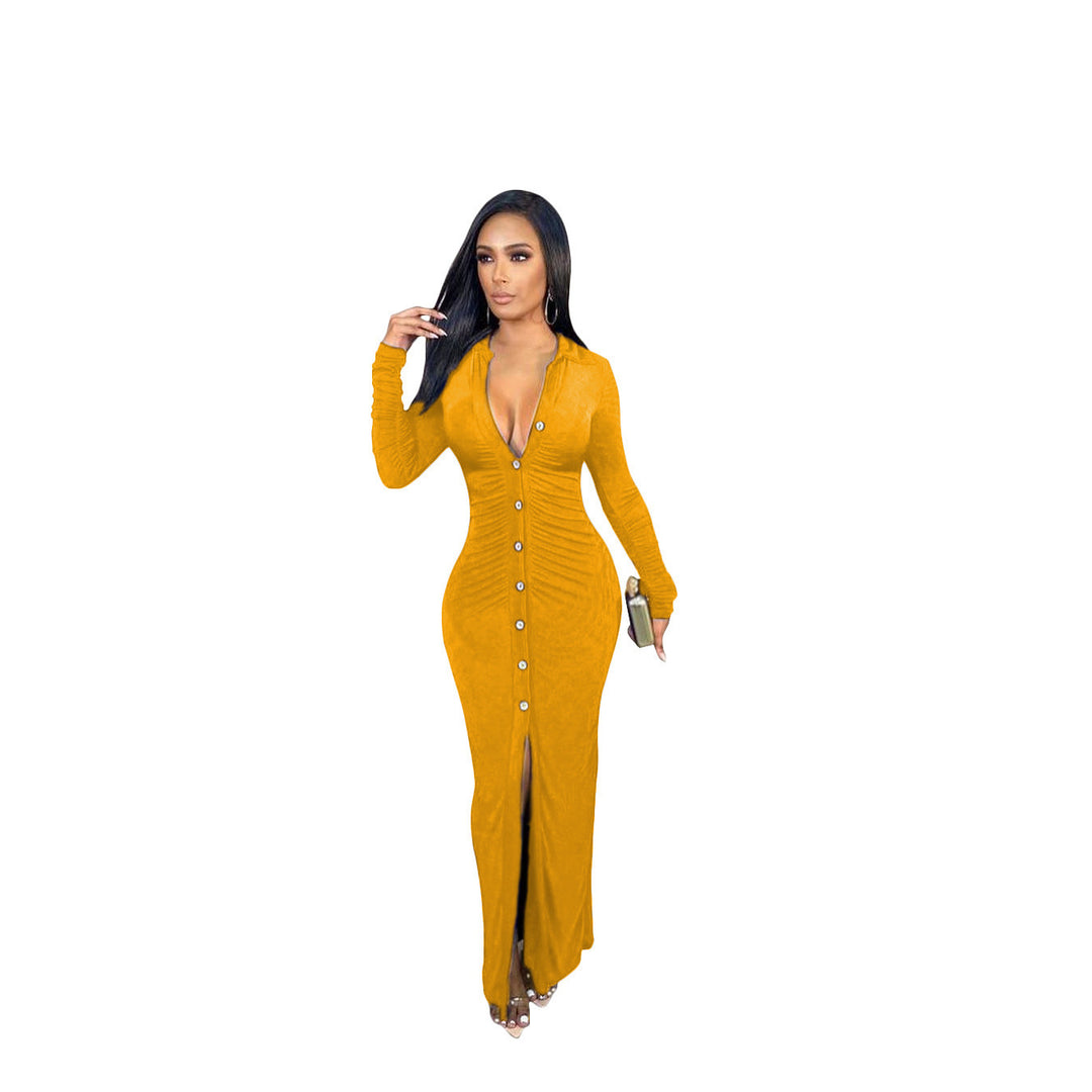 Damen Figurbetontes Maxikleid mit Knopfleiste, Raffung und tiefem V-Ausschnitt Drune