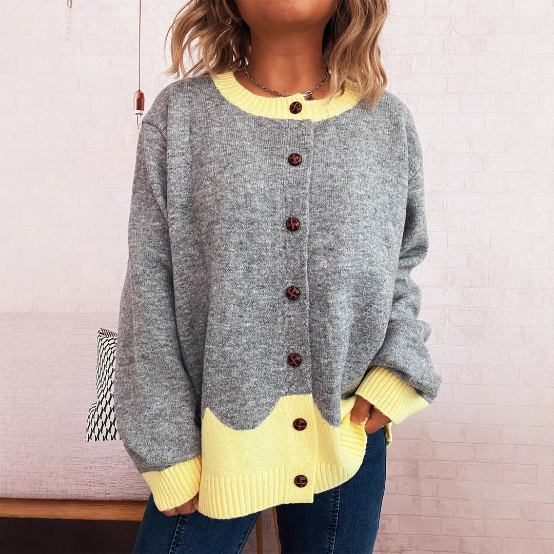 Damen lässige Strickjacke mit buntem Kontrast und eleganten Knopfdetails Drune
