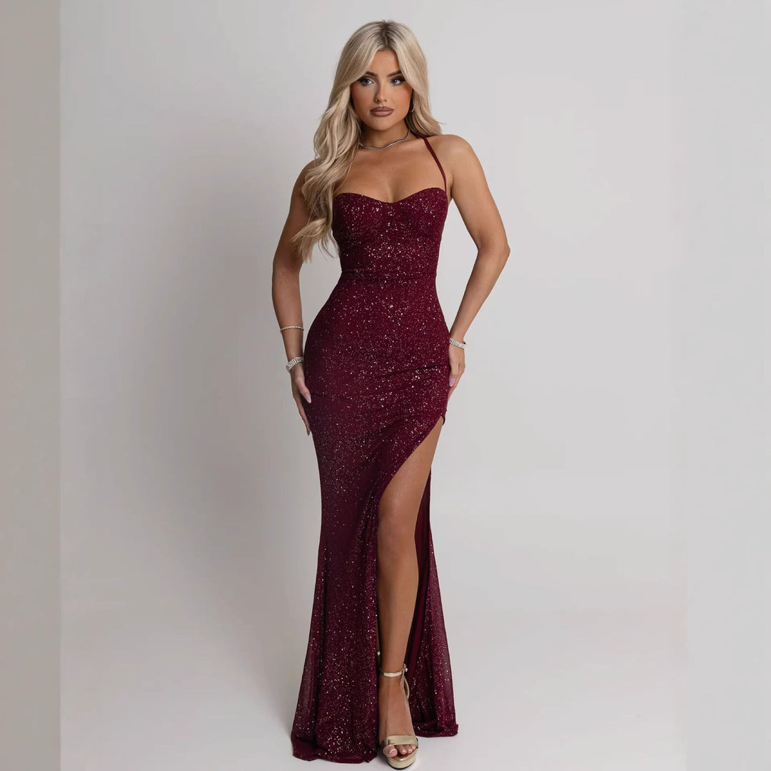 Damen Abendkleid mit schimmerndem Paillettenbesatz und verführerischem Schlitz Drune