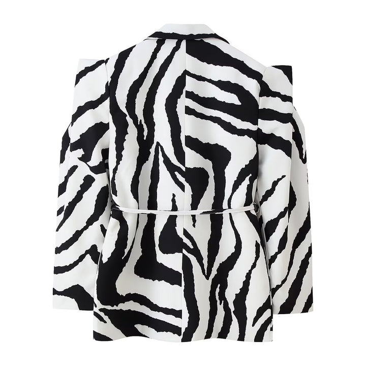 Damen Blazer mit Zebra-Print, tailliertem Bindegürtel und Cut-Out-Schultern Drune