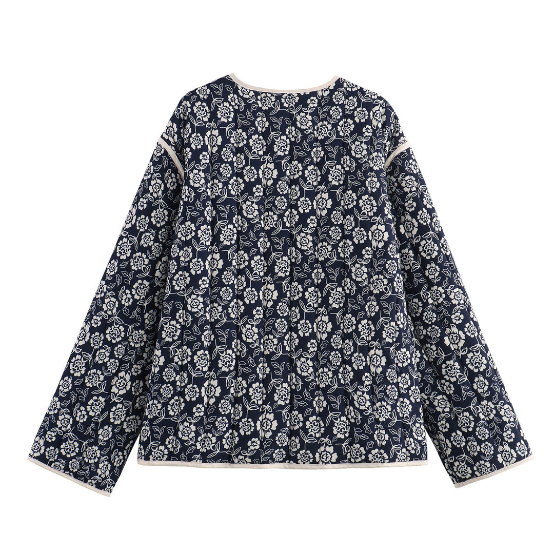 Damen nan gesteppte Kimono-Jacke mit floralem Alloverprint, V-Ausschnitt, kontrastpaspel und aufgesetzten Taschen Drune