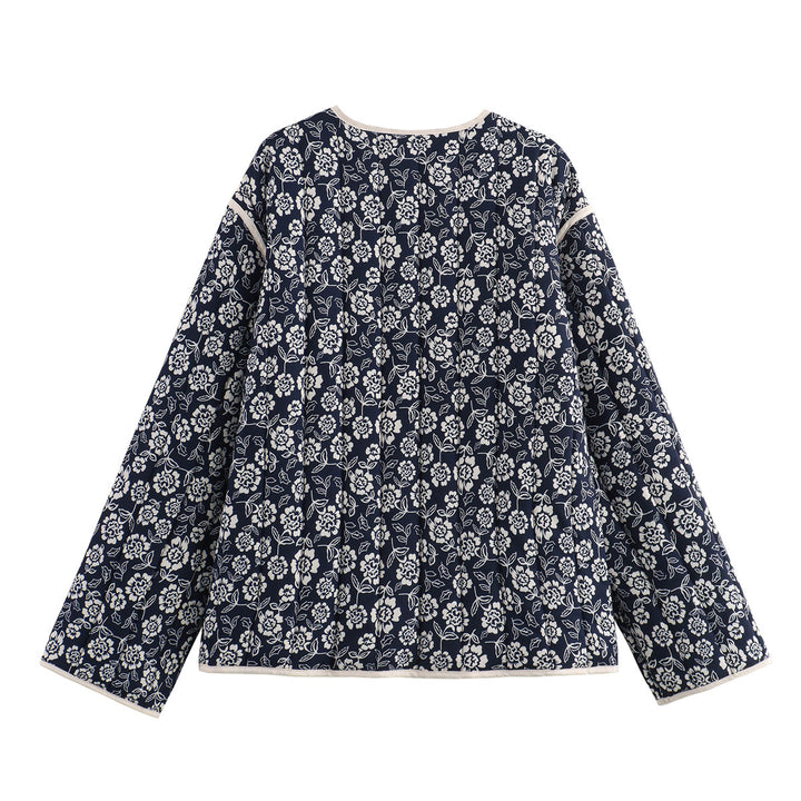 Damen nan gesteppte Kimono-Jacke mit floralem Alloverprint, V-Ausschnitt, kontrastpaspel und aufgesetzten Taschen Drune