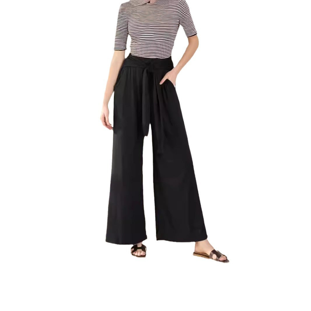 Damen Hochtaillierte Weite Palazzo-Hose mit Selbstbindendem Taillenbund und Seitentaschen Drune