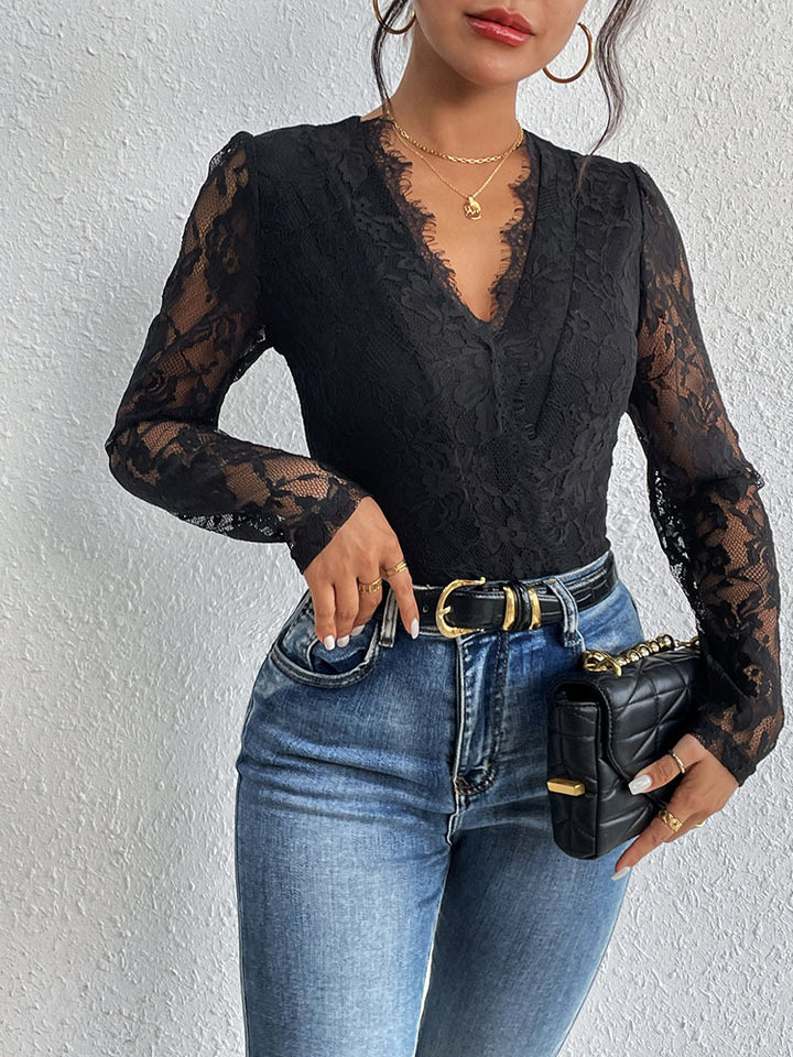 Damen Spitzenbody mit raffiniertem V-Ausschnitt und eleganten Rüschendetails Drune
