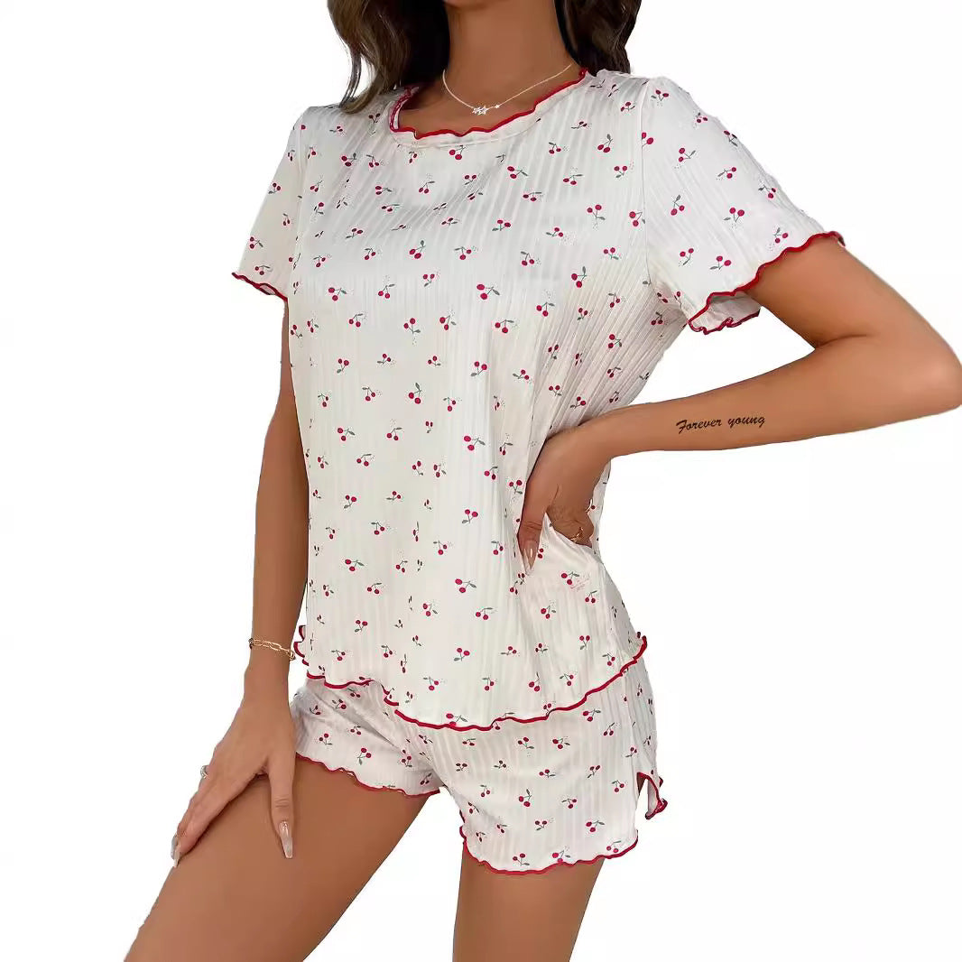 Damen Schlafanzug Set mit elegantem Spitzendetail und fröhlichem Kirschmuster Drune