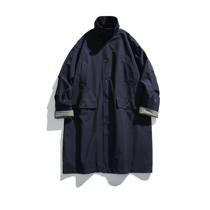 Herren übergroßer wasserdichter Trenchcoat mit Stehkragen und kariertem Futter Drune