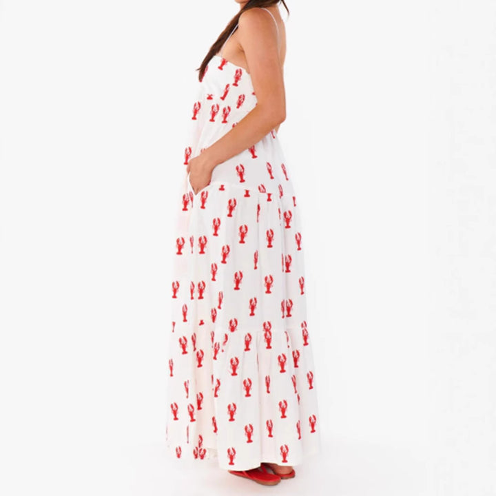 Damen nan trägerloses Stufenmaxikleid mit Bandeau-Oberteil lockerer A-Linie und maritimem Hummer-Print Drune