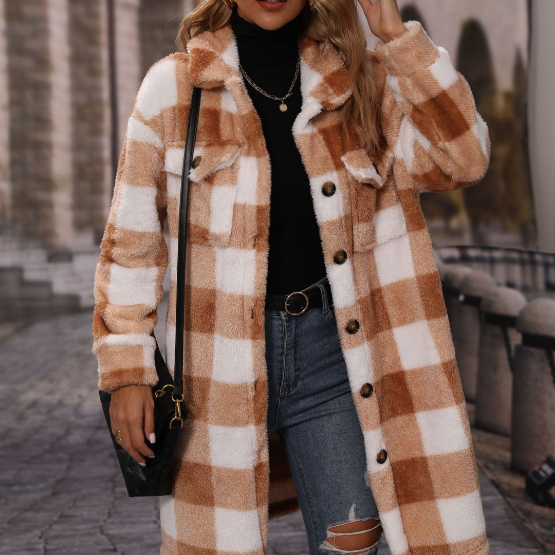 Damen Plüsch-Winterjacke mit kariertem Design und praktischen Taschen Drune