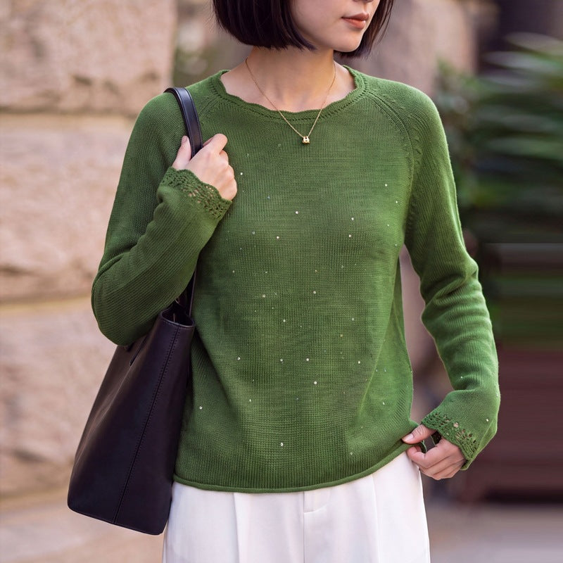 Damen leichter Feinstrickpullover mit dezenter Glitzeroptik und Raglanärmeln Drune