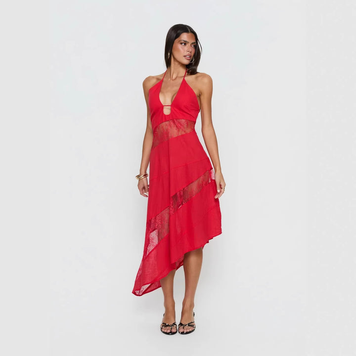 Damen Halterkleid mit transparenten Einsätzen und asymmetrischem Saum Drune