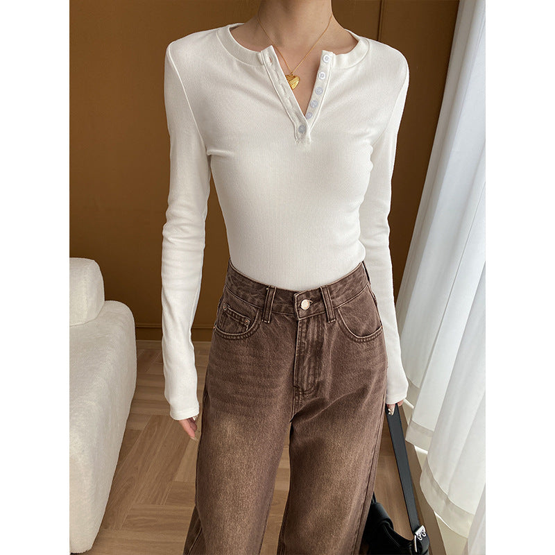 Damen Langarmshirt mit Knopfleiste im casual Stil Drune