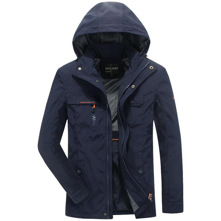 Herren wasserabweisende leichte Reisefunktionsjacke mit Kapuze und Mehrtaschen Drune