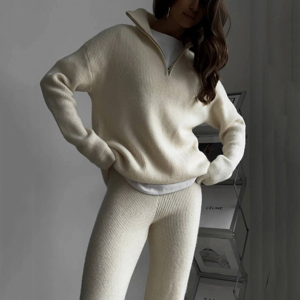 Damen geripptes Relax-Strick-Set mit halbem Reißverschluss und hochgeschnittener Leggings Drune