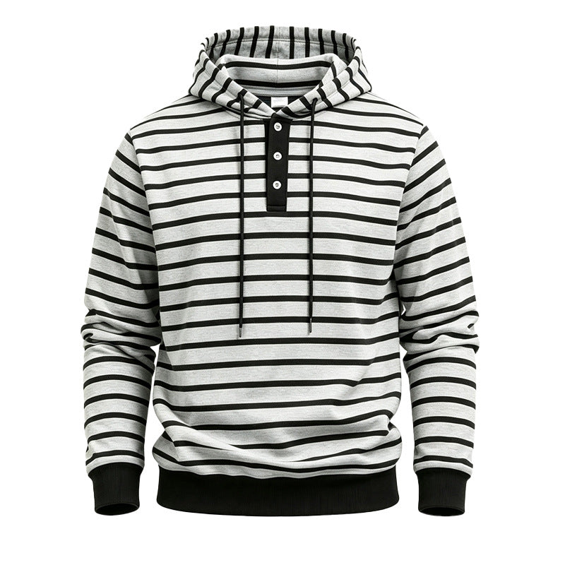 Herren Gestreifter Kapuzenpullover mit Henley‑Knopfleiste, Kordelzug und Rippbündchen Drune