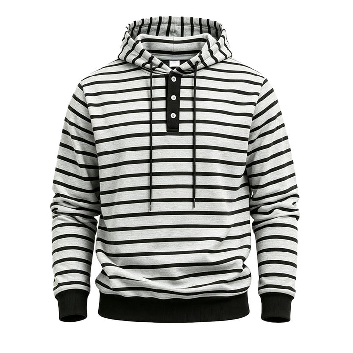 Herren Gestreifter Kapuzenpullover mit Henley‑Knopfleiste, Kordelzug und Rippbündchen Drune
