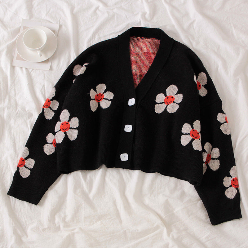 Damen Gemusterter Knopfcardigan mit Blumenmotiv Drune