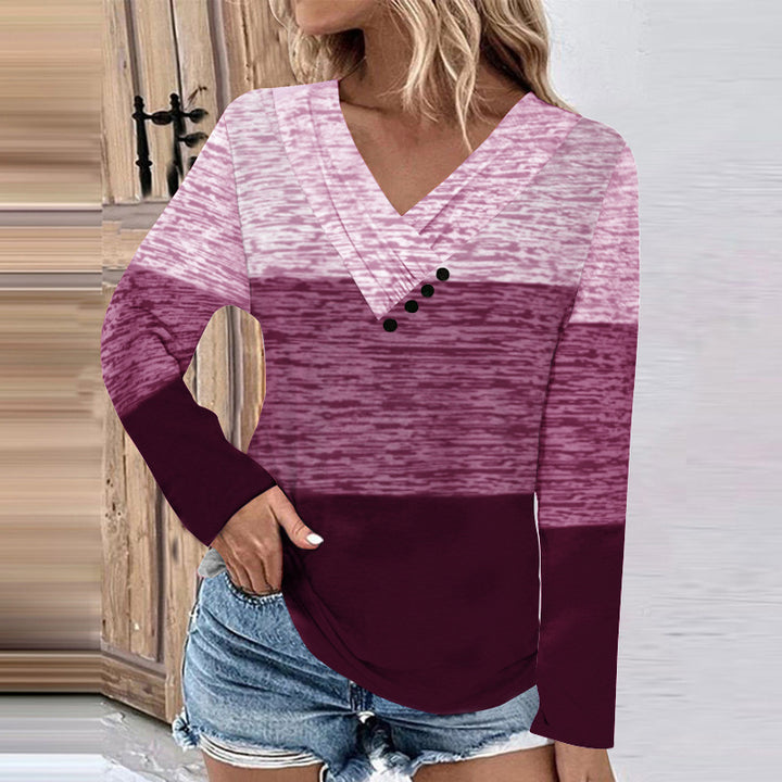 Damen Gerippter V-Ausschnitt Pullover mit Farbverlauf, Zierknöpfen und legerer Passform Drune