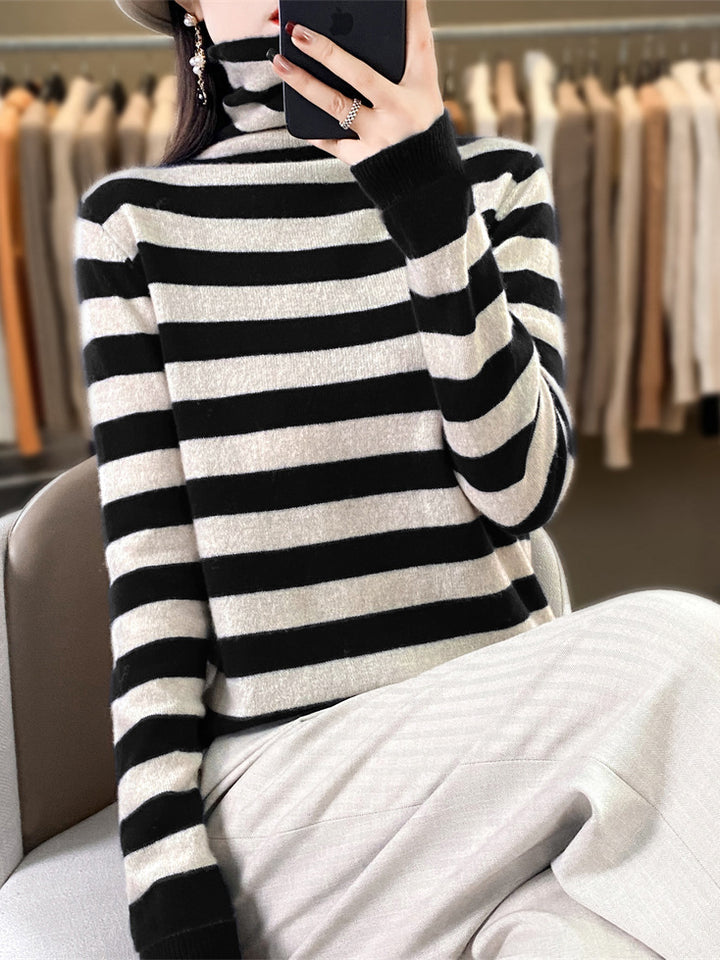 Damen Lässiger gestreifter Rollkragenpullover aus Wollmix mit legerer Passform Drune