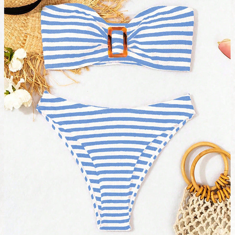 Damen Bandeau-Bikini mit modischem Streifenmuster und zeitgemäßem Gurt Drune