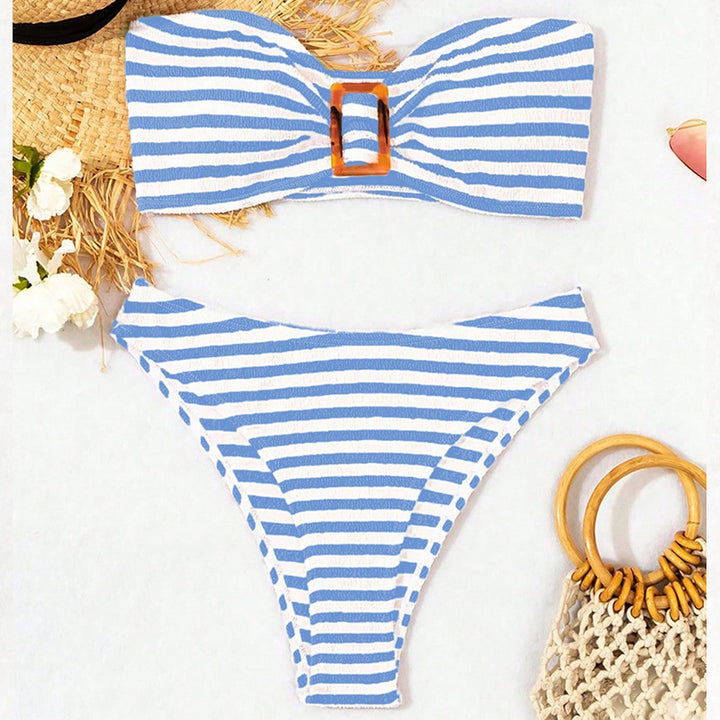 Damen Bandeau-Bikini mit modischem Streifenmuster und zeitgemäßem Gurt Drune