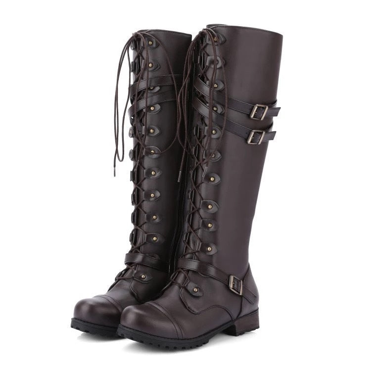 Damen Kniehohe Schnürstiefel mit verstellbaren Zierschnallen und robuster Profilsohle Drune